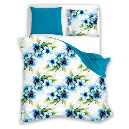 Aquarell pamut ágyneműhuzat, Kék virágos (140x200 + 2 db 70x90 cm)