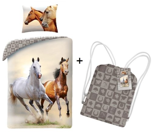 Lovas ágyneműhuzat + tornazsák szett, Two horses (100% pamut) (0095)